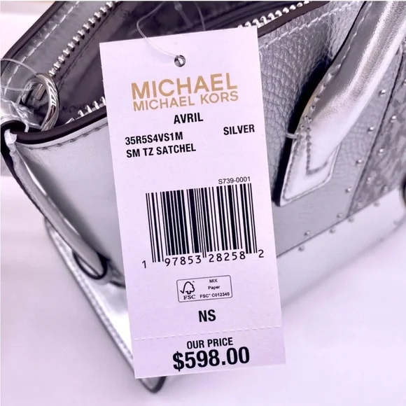 Michael Kors Avril Small Metallic Studded Patchwork Satchel Crossbody Silver